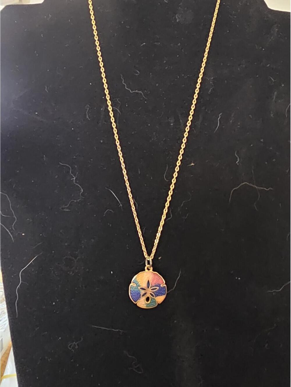 Vintage Gold Tone Sand Dollar Necklace Rainbow Enamel Coastal Beach Jewelry
